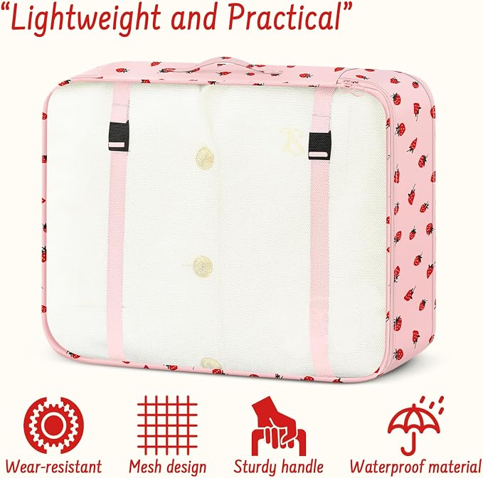 9 Set Packing Cubes for Travel Essentials - Lightweight Carry-On Luggage Organizer Bags with Shoe, Clothes & Laundry Bags for Airplane, Family & Business Travel, Pink strawberry - Image 4