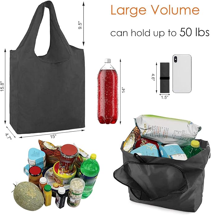 BeeGreen Black Reusable Grocery Bags Wholesale Dark Reusable Kitchen Bags Bulk Foldable-Machine Washable with Zipper Storage Pouch 50 Packs - Image 3