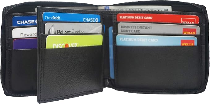RFID Men's Leather Zipper wallet Zip Around Wallet Bifold Multi Card Holder (Black) - Image 2