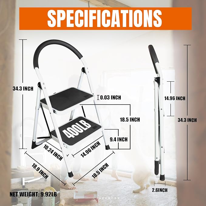 Jack Boss 2 Step Ladder, Folding Lightweight Step Stool with Wide Anti-Slip Pedal for Home, Office, Kitchen and Garage, Service Height 18.5 inch, 400 lbs Capacity - Image 2