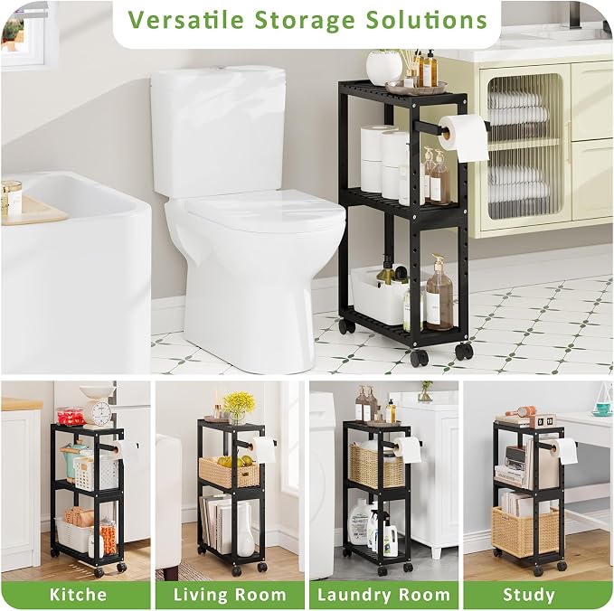 RRX Bamboo Rolling Cart,Slim 3-Tier Standing Shelf Units on Wheels (Black) | Bamboo Shelves Utility, Storage Corner Shelf Cabinet for Narrow Space, Toilet Paper Organizer for Bathroom, Kitchen - Image 6
