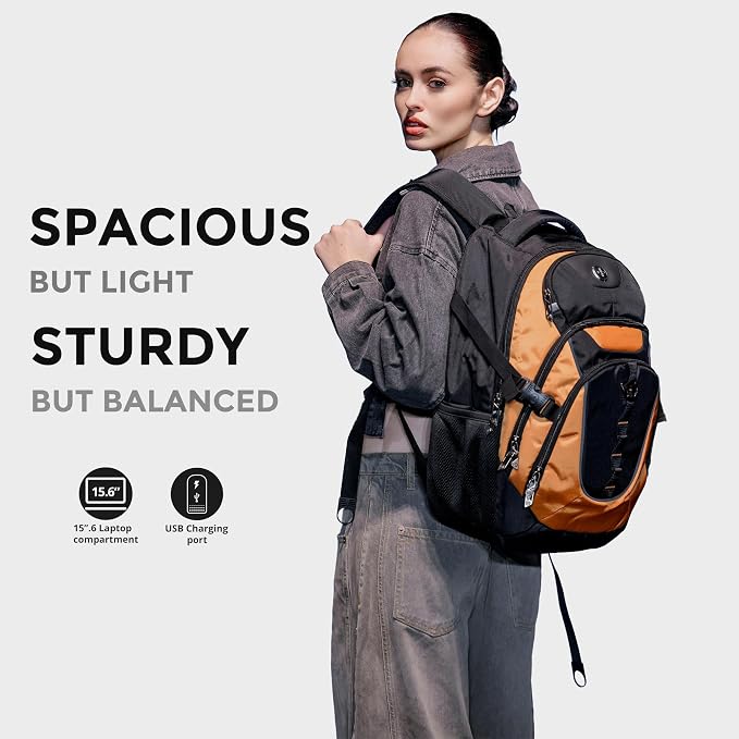 Swissdigital Design Laptop Backpack with USB Charging Port, Travel Backpack Fits 15.6 inches Computer, 31L College School Backpack for Men, Orange/Black | SD803-66 - Image 3