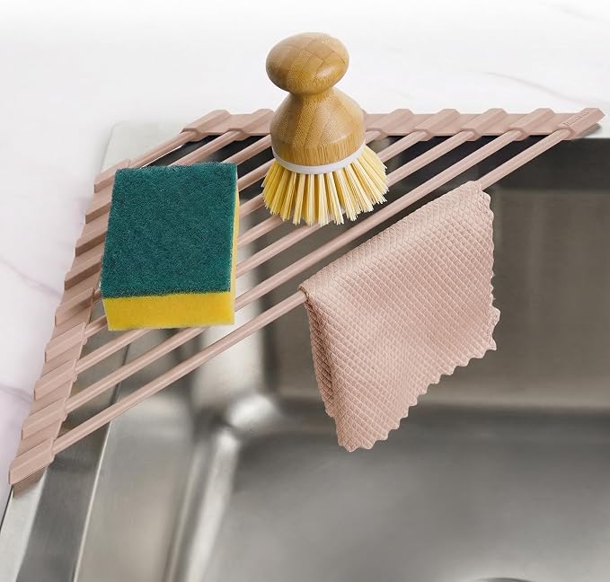 Tomorotec Roll Up Dish Drying Rack with Silicone Coating, Light Coffee | 304 Stainless Steel with BPA-Free Silicone, Triangle Design Maximizes Sink Corner Space, Fits Compact Kitchens And RVs by Tomorotec