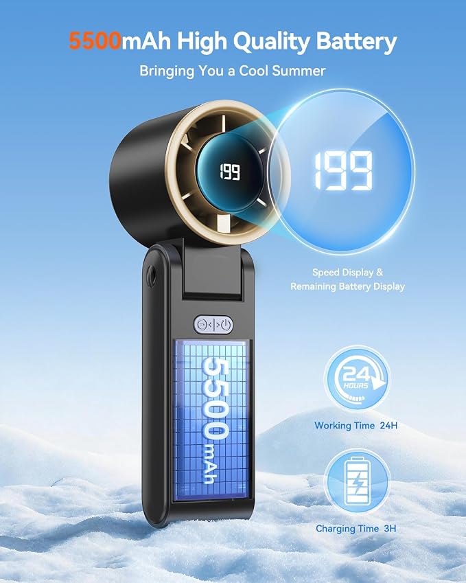 Portable Handheld Turbo Fan, 199 Gear Speed, 24 Hs Cooling Time, 5500mAh Rechargeable Mini Personal Hand Fan, Foldable Design, Travel Essentials, Beach Vacation, Gifts for Women, Men,Black Gold - Image 3