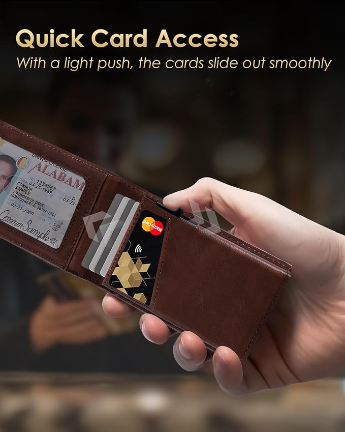 QLD Wallet for Men - RFID Blocking [Functional & Practical] Bifold Slim Minimalist Credit Card Holder Pop Up Metal Case with Cash Slot, Front Pocket with ID Window, Gift Boxed - Image 2