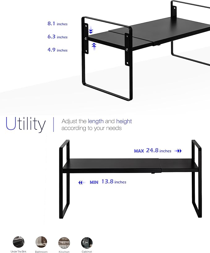 Nxconsu Cabinet Shelf Riser, Adjustable Cabinet Organizer, 10.3" Deep Black | Heavy-Duty Metal Expandable Shelf Holds 50 lb with 3 Height Levels for Kitchen Cabinet Cupboard Pantry Dish Mug - Image 5