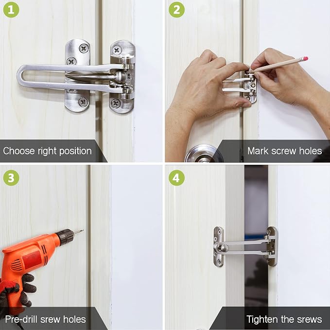 Door Lock Latch Swing Bar Door Guard Latch Home Hotel Lock Silver | SUS-304 Stainless Steel Door Chain Lock Gate Reinforcement Swing Latch for Hinged Swing-in Front & Inside Door Fence Security - Image 7
