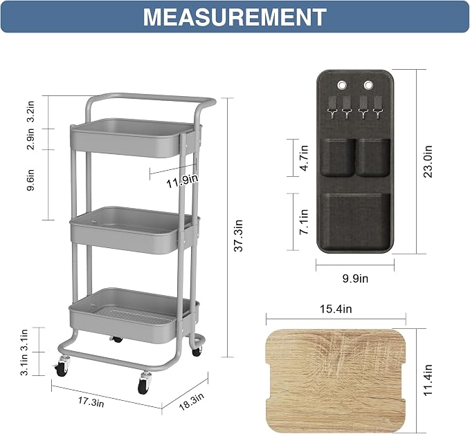 DTK 3-Tier Rolling Cart with Table Top, Metal Utility Cart with Side Bags | Tray Storage Organizer, Lockable Wheels, 4 Hooks, Art Cart for Kitchen, Bathroom, Office, Craft room, Living room,Grey - Image 7