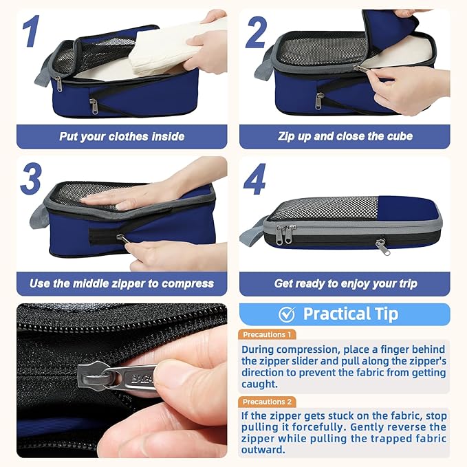 BAGAIL 4 Set/6 Set/8 Set Compression Packing Cubes Travel Accessories Expandable Packing Organizers (Half Mesh, 6-Navy) - Image 3