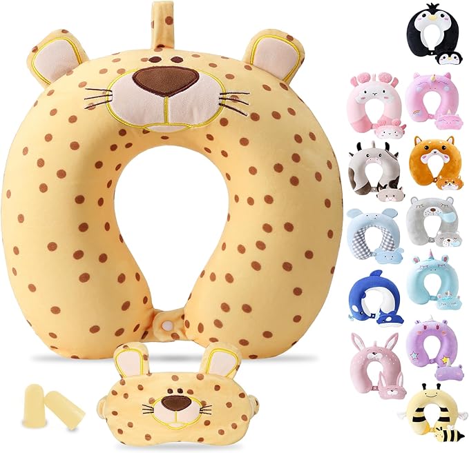 Cirorld Travel Pillow for Kids Adult Cute Neck Pillow for Traveling Memory Foam Airplane Pillow Sleep Mask Animal Flight Pillow Head Rest Neck Support for Cars Long Flights (Yellow Leopard, 9-12 Y/O) by CIRORLD