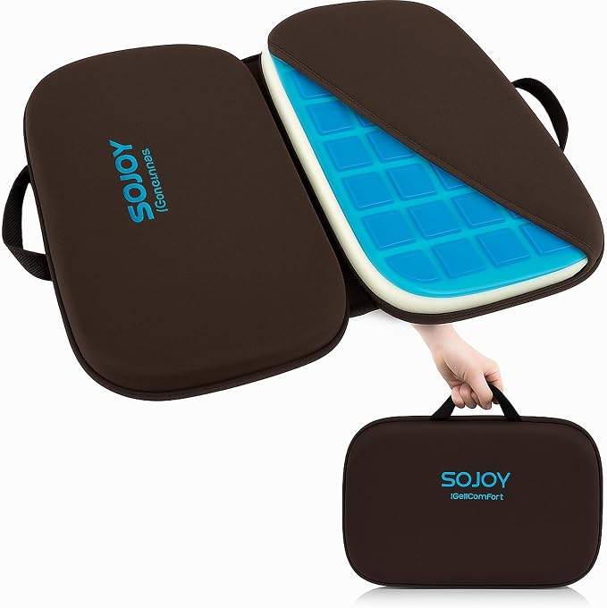 3-in-1 Foldable Gel Seat Cushion with Memory Foam Ergonomic Portable Cushion for Back Pain & Tailbone Relief - Perfect for Office Chair, Airplane Travel & Stadium Seats (18.5" x 15" x 2" Brown) by Sojoy