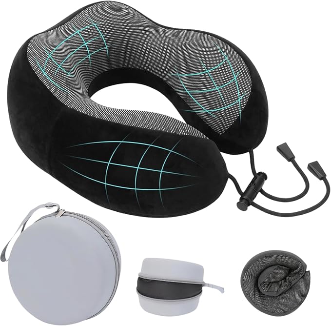 Travel Neck Pillow, 100% Memory Foam, U-Shaped with Storage Box, Black | 100% memory foam with 360-degree support & adjustable buckle. Compact storage box. Machine washable cover. Fits all necks. by Unknown