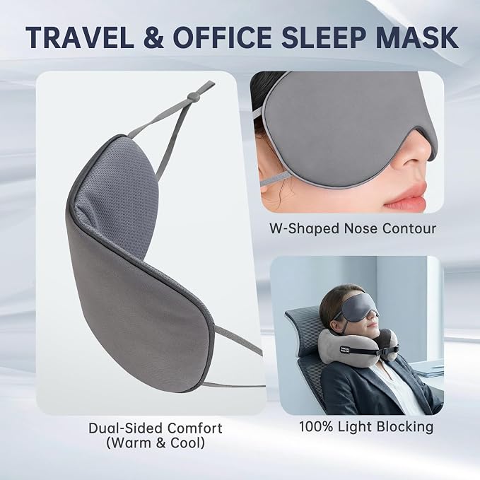 Neck Pillow Travel Pillow - 100% Pure Memory Foam Airplane Pillow with Adjustable Clasp & Removable Cover, Portable Travel Essentials for Long Flights, Car & Office (Light Gray, with Eye Mask) - Image 4