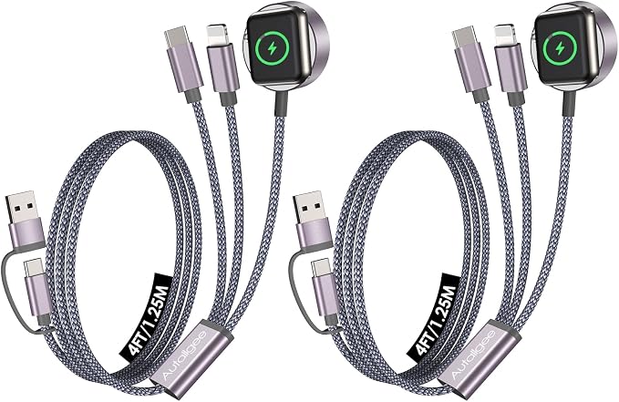 2Pack Travel Essentials,Multi Charging Cable for Apple Watch Charger Gray | 4FT for Airplane Gadgets RV Essentials for iWatch Ultra/10-2/iPhone 17-11/Samsung S25-S20,airPods,Car by Autallgee