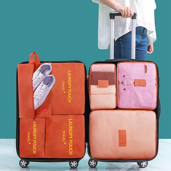 7 Set Packing Cubes for Travel Luggage Packing Bags Reusable Waterproof Suitcase Organizer Bags Set with Shoe Bag and Toiletry Bag (Orange) - Image 2