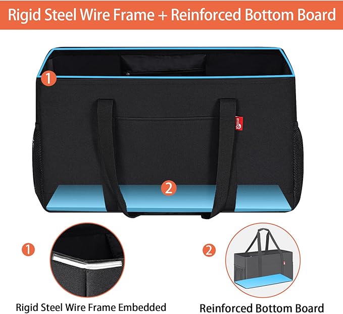 Extra Large Utility Tote Bag, Foldable Reusable Grocery Bags with Metal Wire Frame & Reinforced Bottom Board, Stand Up Large Utility Tote for Shopping, Beach Bag, Laundry, Car (Black) - Image 6