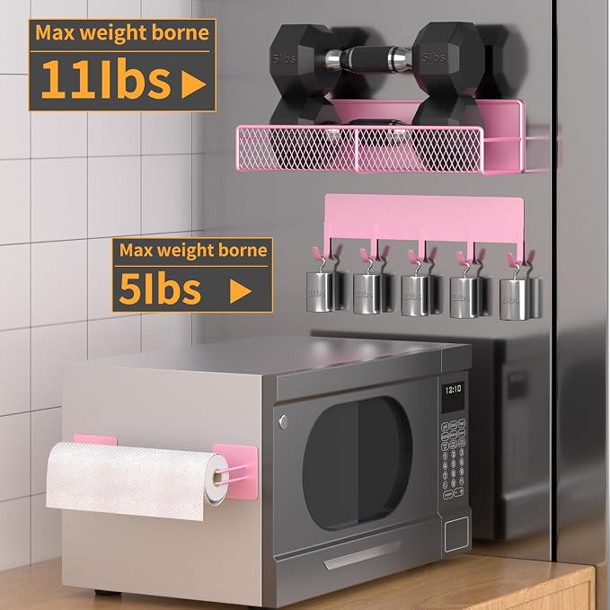 Magnetic Spice Rack for Refrigerator, 10 Pack Metal Magnetic Shelf, Moveable Spice Organizer with Hook Rack, Paper Towel Holder, Kitchenware Holder, Strong Magnetic Storage Fridge Organizer Pink - Image 5