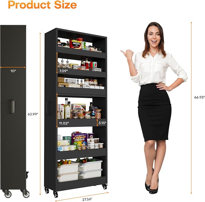 Slim Storage Cart, Lightweight 6 Tier Metal Rolling Utility Kitchen Cart on Wheels, Mobile Storage Shelving Unit Organizer for Bathroom Laundry Office Narrow Places (Black, 10" D) - Image 7