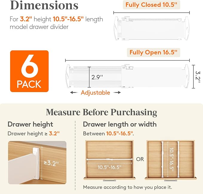 Lifewit 3.2" High Drawer Dividers for Clothes, Adjustable Drawer Organizers | 10.5"-16.5" Expandable Plastic Separator for Dresser, Kitchen, Cabinet, Closet, Nursery, Socks & Underwear Storage, 6 Pack - Image 2