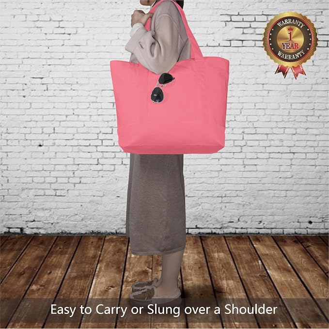 TOPDesign 1-Pack Canvas Tote Bag with an External Pocket, Reusable Grocery Shopping Bag, Top Zipper Closure, Daily Essentials (Rose Pink) - Image 2