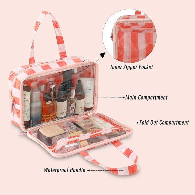 Toiletry Bag for Women, Pink and Orange Stripe | Clear Coated,Waterproof,Multiple Compartment,Open Flat,Handle,Travel Organizer for Shampoo,Conditioner,Cosmetic Accessories - Image 2
