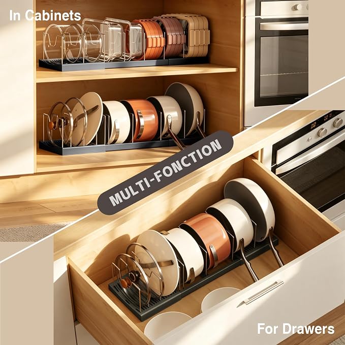 Magheo 2 Pack Pots and Pans Organizer Under Cabinet, Expandable 12.6"-22.8" Kitchen Cabinet Organizer Holder with 10 Adjustable Dividers for Food Storage Container Lid, Cookie Sheet, Cookware(Black) - Image 8