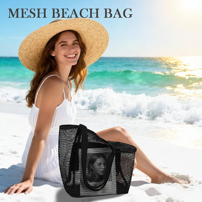 Fammart Mesh Beach Bag for Women, Summer Straw Tote Hobo Pool Bags with Zipper Pocket, Travel Vacation Cruise Essentials 2026 - Image 2