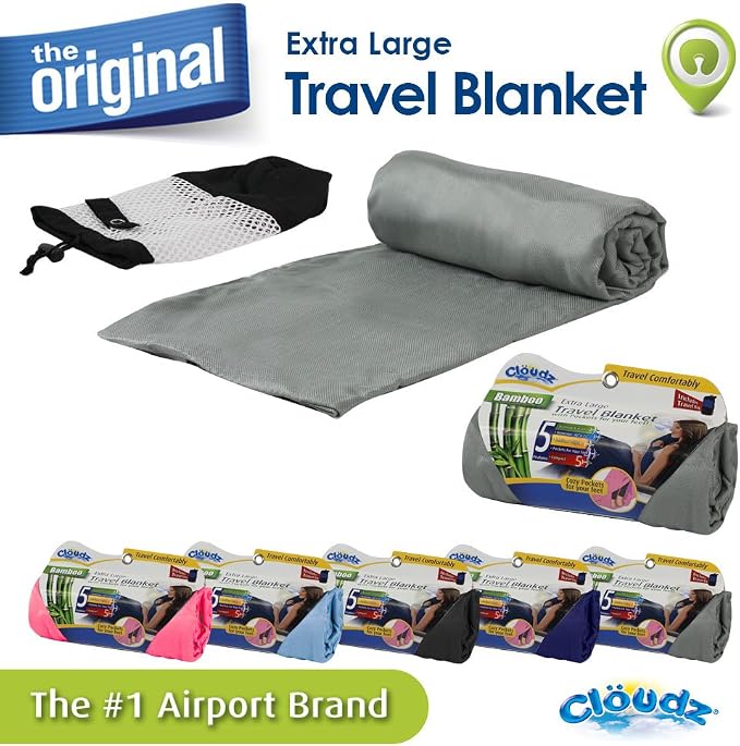 Extra Large Airplane Travel Blanket for Your Flight, Car, Camping, Home or Comforting Warmth Anywhere! Includes Warm Cozy Pockets for Your Feet and a Travel Bag - Charcoal - Image 2