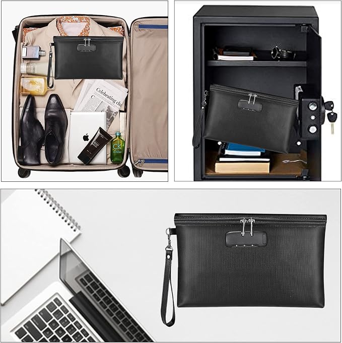 Fireproof Money Bag with Lock, Cash Pouch, 11.2"x7.6", Black | Zipper Closure, Portable Safe Storage for A5 Size Files, Cheque, Cell Phone, Tablet, Credit Card, Passport, Jewelry - Image 7