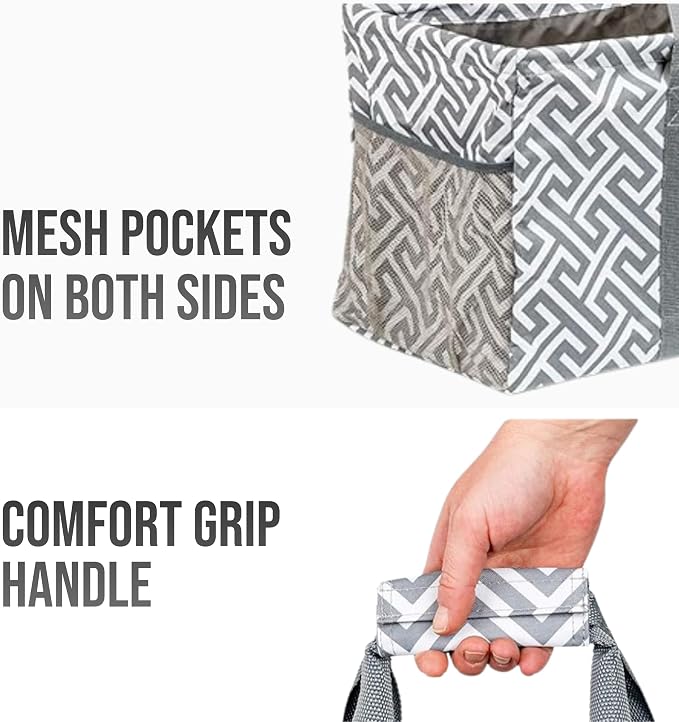 Extra Large Utility Tote Bag, Oversized Collapsible Reusable Wire Frame Rectangular Canvas Basket With Two Exterior Pockets For Beach, Pool, Laundry, Car Trunk, Storage - Geo Grey - Image 8
