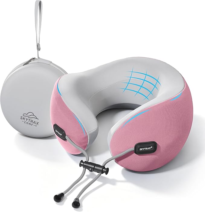 Premium Travel Neck Pillow Cooling Ice Silk Memory Foam Cervical Pillow for Airplane & Long Flights, Ergonomic Neck Support for Sleeping & Pain Relief, Washable Cover, Compact Carry Case (Pink) by SKYTRAXCOMF