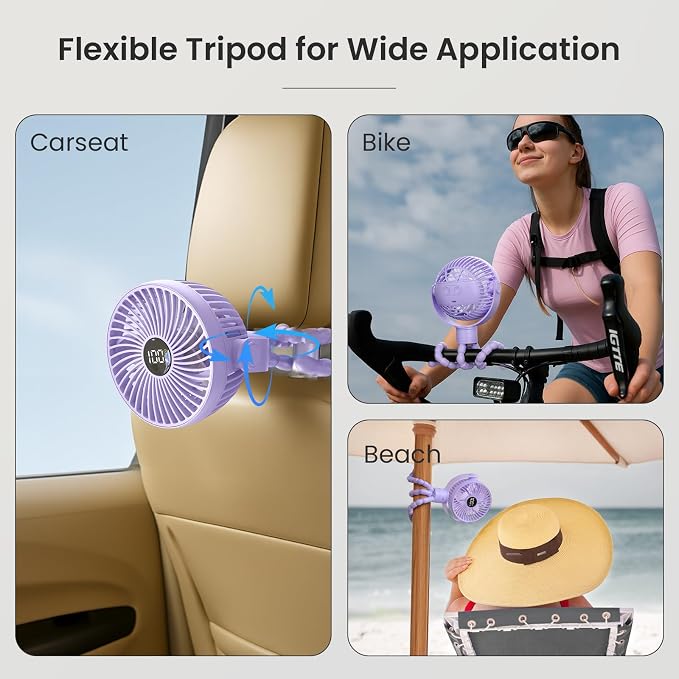 Coohea Portable Stroller Fan, 25H Long-lasting, 4 Speed, Night Light,Purple | 4000mAh Rechargeable Battery Powered Fan, Head Detachable 360° Rotate Mini Fan, Easy to Wrap for Car Seat Crib Bike Treadmill - Image 7