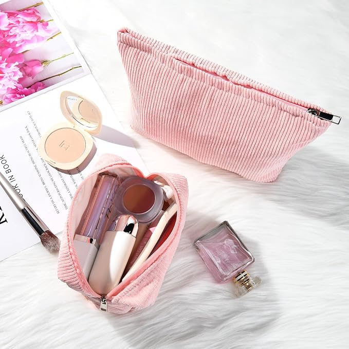 SOIDRAM 2 Pieces Makeup Bag Large Corduroy Cosmetic Bag Capacity Canvas Mix Travel Toiletry Bag Organizer Cute Makeup Brushes Aesthetic Accessories Storage Bag for Women, Corduroy Mix Pink - Image 4