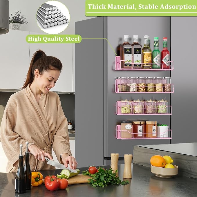 Magnetic Spice Rack for Refrigerator, 4 Pack Metal Strong Magnet Spice Organizer Shelves, Magnetic Fridge Shelf for Kitchen Seasoning Organizer Gadgets, Home Organization and Storage (Pink) - Image 5