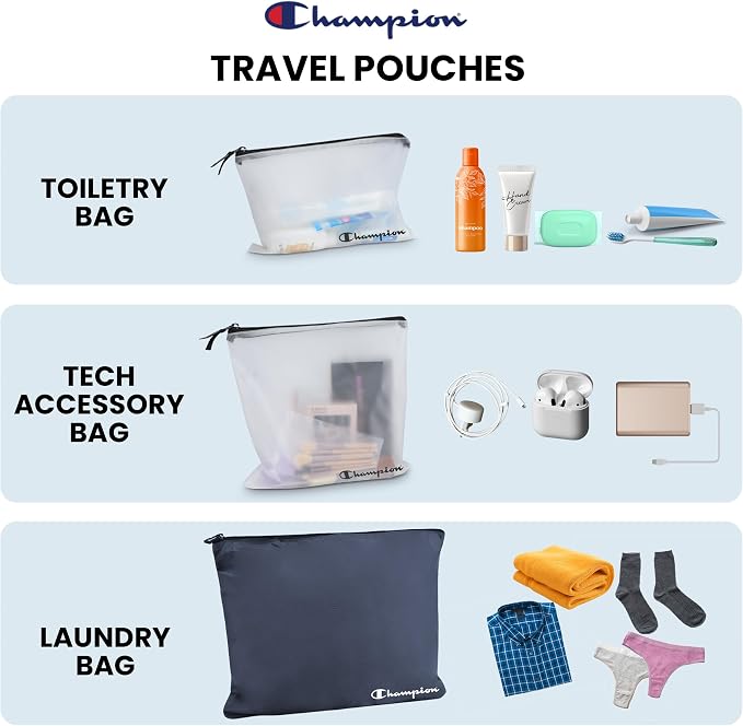 Champion Packing Cubes for Travel - 6 Piece Organizer Set, Carry-On Ready | Breathable mesh, sturdy handles; 3 cubes, 1 laundry bag, 2 zip pouches; zipper closure; fits carry-on and full-size suitcases - Image 6
