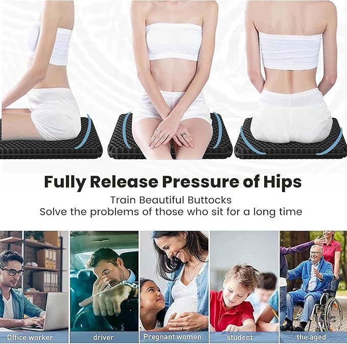 Gel Seat Cushion, Jumbo&Thick Gel Cushion with Non-Slip Cover for Home Office Car Seat Wheelchair, Soft Breathable Honeycomb Chair Pads for Relieve Hip Pain, Black 20x20x1.9inch - Image 7