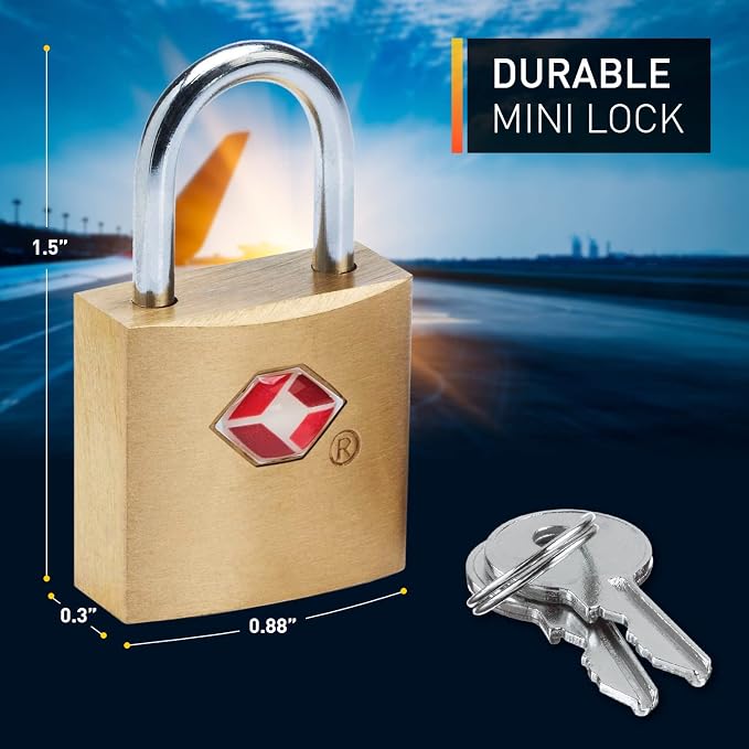 Lewis N. Clark Mini Brass Square TSA Lock + Padlock for Luggage, Suitcase, Carry On, Backpack, Laptop Bag or Purse - Perfect for Airport, Hotel, & Gym, 2 Keys Included - 3-Pack - Image 3