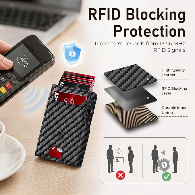 RUNBOX Wallet for Men, RFID Blocking Pop-Up Card Holder, Carbon Black | Minimalist Aluminum Smart Wallet with ID Window, Compact Credit Card Holder, Stretchable Cash Slot, Birthday Gift for Men - Image 4
