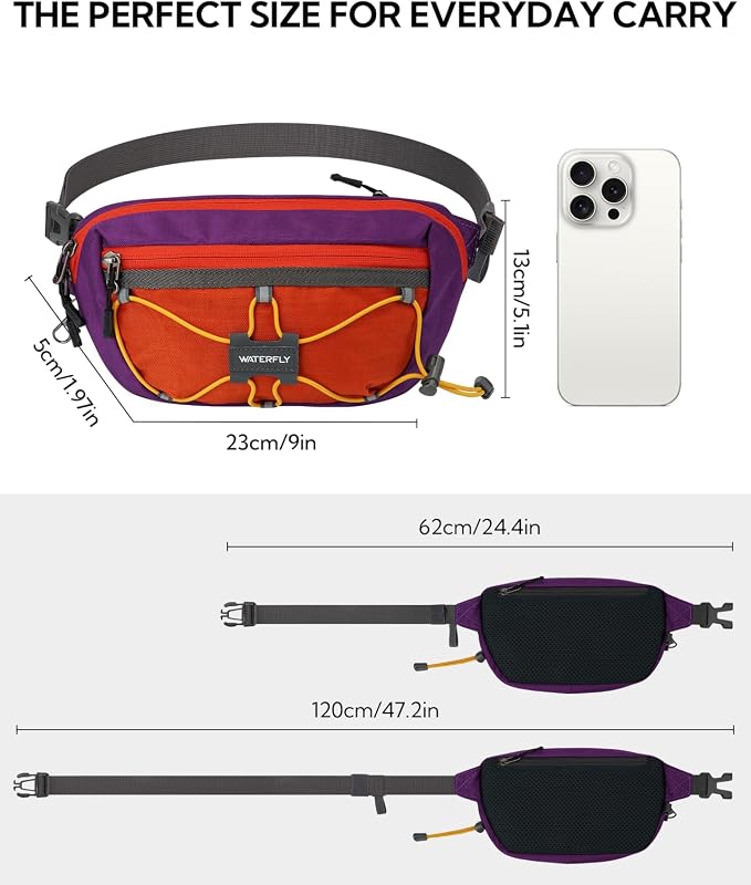 WATERFLY Small Fanny Pack RFID Blocking Travel Hiking Crossbody Waist Bag | Anti-theft design, Water resistant, Lockable zipper, Hidden rear pocket, Lightweight hip belt bag, EDC Running, Cycling, Gym - Image 4