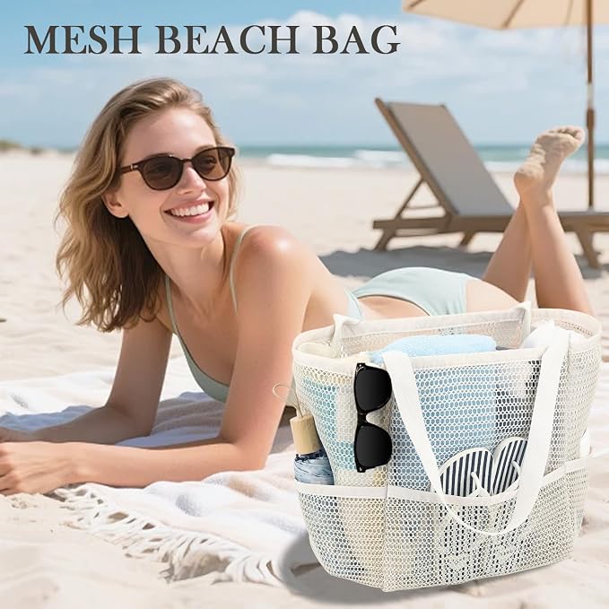 Fammart Mesh Beach Bag for Women, Summer Straw Tote Hobo Pool Bags with Zipper Pocket, Travel Vacation Cruise Essentials 2026 - Image 2