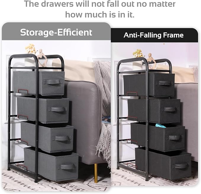MAX Houser 4 Drawer Narrow Dresser Fabric Storage Tower Vertical Slim Storage Chest Organizer Nightstand Side/End Table Small Standing Organizer Removable Drawers Wood Top for Bedroom, Bathroom（Black - Image 4