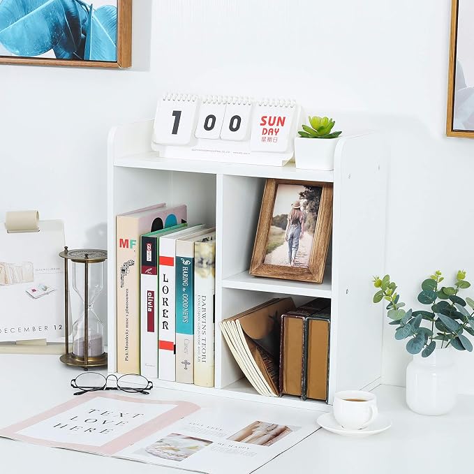 Desktop Shelf Freestanding Wood Small Bookshelf Desk Supplies Organizers and Accessories Storage Display Rack Office Decor for Women, White - Image 2