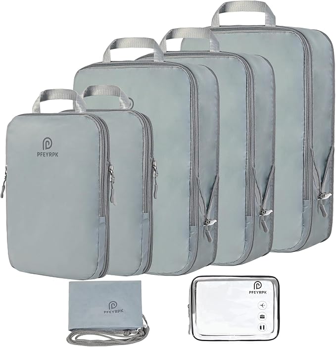 PFEYRPK Lightweight Compression Packing Cubes for Suitcases, Compressible Expandable Travel Packing Organizer with Clear Toiletries and Backpack Bag, Travel Essentials for Carry on Luggage 7 Set by PFEYRPK