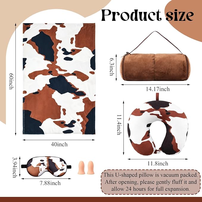 HunnmingRe 5 Pcs Travel Pillow and Blanket Set, 5 in 1 Travel Airplane Compact Includes 40 x 60 Inch Throw Blanket Eye Mask Neck Pillow Earplug and Bag Gifts for Travelers Women(Cow Print,Brown) - Image 2