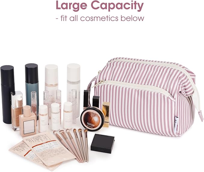 Narwey Striped Makeup Bag Women Wide-open Make up Bag Travel Cosmetic Bag Organizer Toiletry Bag for Cosmetics Toiletries Accessories (Dusty Rose Stripe) - Image 3