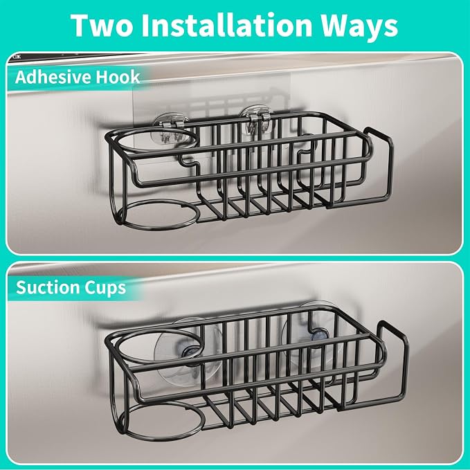 HapiRm 4 in 1 Kitchen Organizers and Storage, SUS304 Stainless Steel Brush Holder + Dish Cloth Hanger + Soap Rack + Sink Stopper Rack, No Drill Kitchen Essentials - Black - Image 2