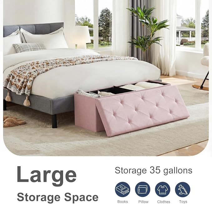 DUMOS 43 Inch Folding Storage Ottoman Bench, Large Ottoman with Storage | Storage Chest with Thicker Foam Padded Seat, End of Bed Foot Rest Stool for Bedroom Living Room Entryway, Load 660 lbs, Pink - Image 4