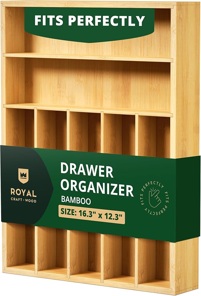 ROYAL CRAFT WOOD Luxury Bamboo Utensil Rack and Silverware Organizer, Kitchen Drawer Organizer - Utensil Holder and Cutlery Tray with Grooved Drawer Dividers for Flatware 7 Slot, Natural - Image 2