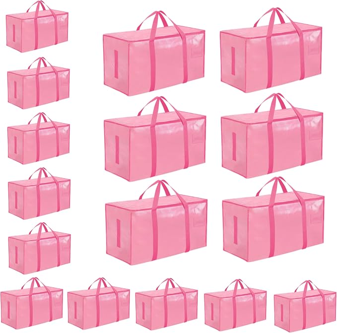 16 Pack-Extra Large Heavy Duty Moving Bags - Waterproof Storage Totes with Handles & Zippers, Foldable for College Dorm, Storage (Pink) by Unknown