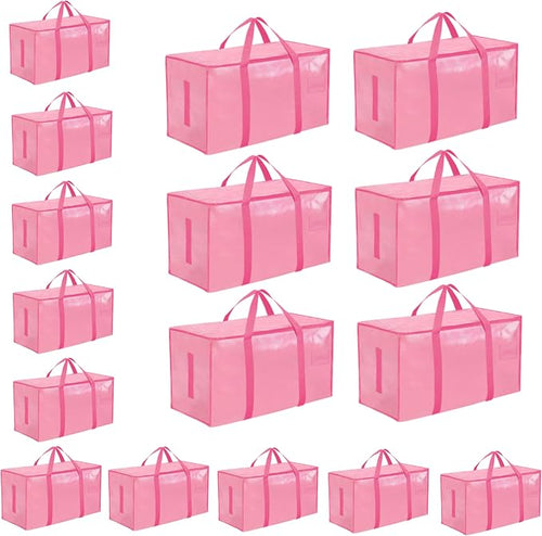16 Pack-Extra Large Heavy Duty Moving Bags - Waterproof Storage Totes with Handles & Zippers, Foldable for College Dorm, Storage (Pink) by Unknown